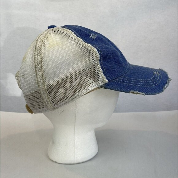 Distressed Blue Denim White Mesh Trucker Hat Green Leaf Embroidery Adjustable Ba - Picture 3 of 8